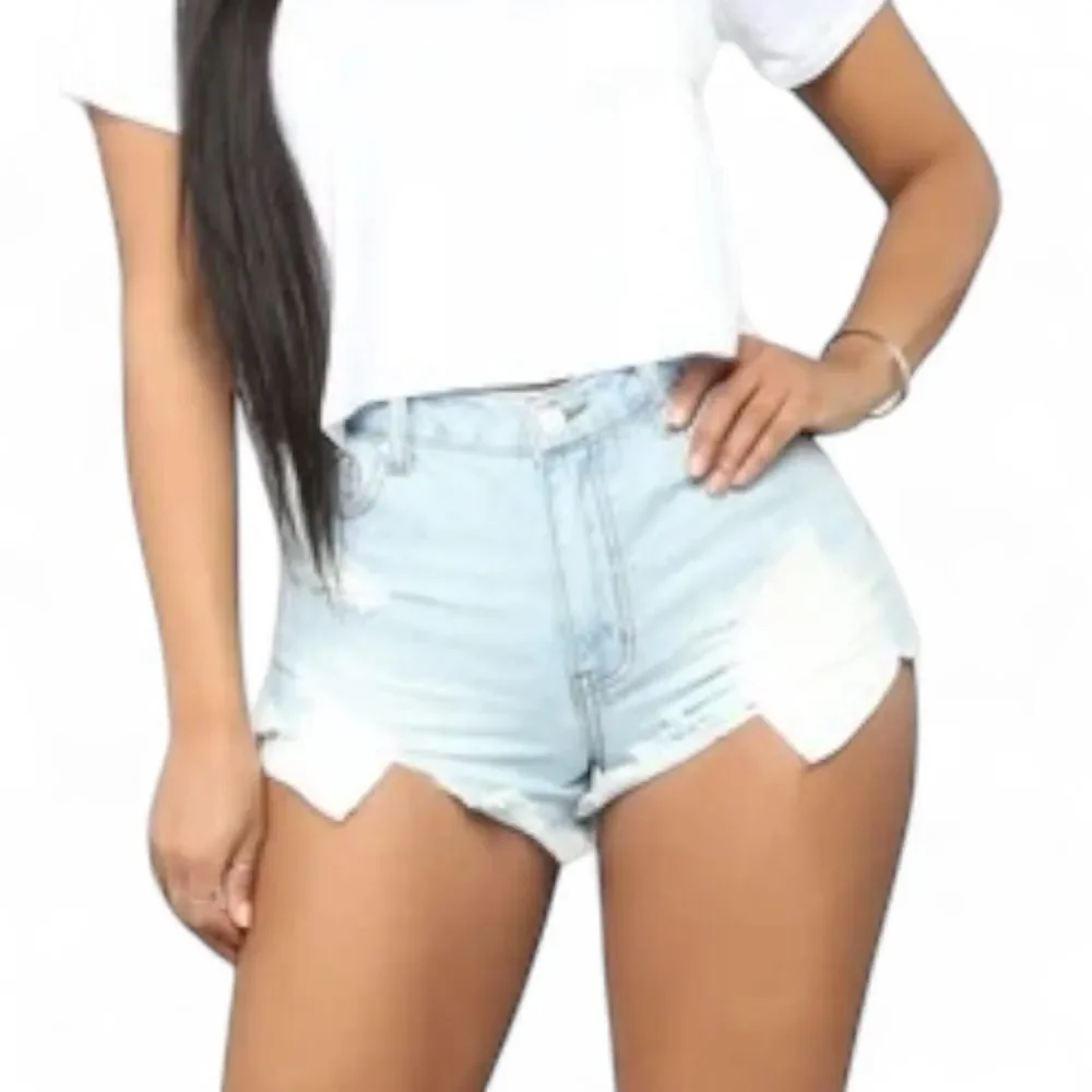 Fashion Nova High Rise Distressed Denim Shorts Light Wash Frayed Hem Size 3/26